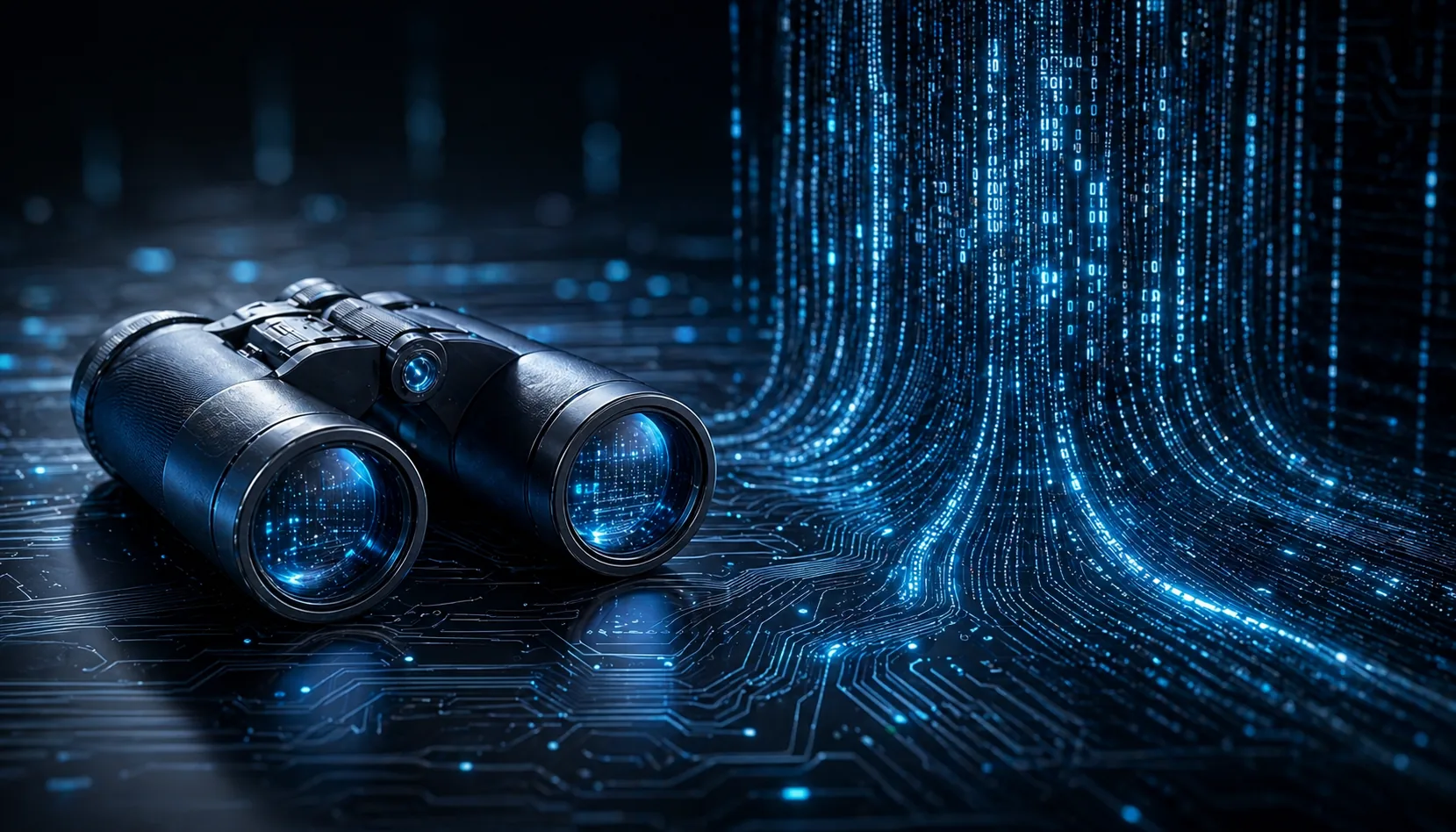 Futuristisches Fernglas vor einer vertikalen Code-Welle
