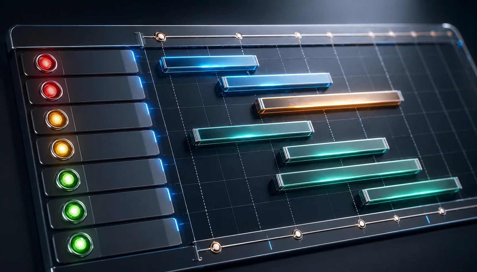 Futuristisches Gantt-Diagramm mit Ampel-Prioritäten